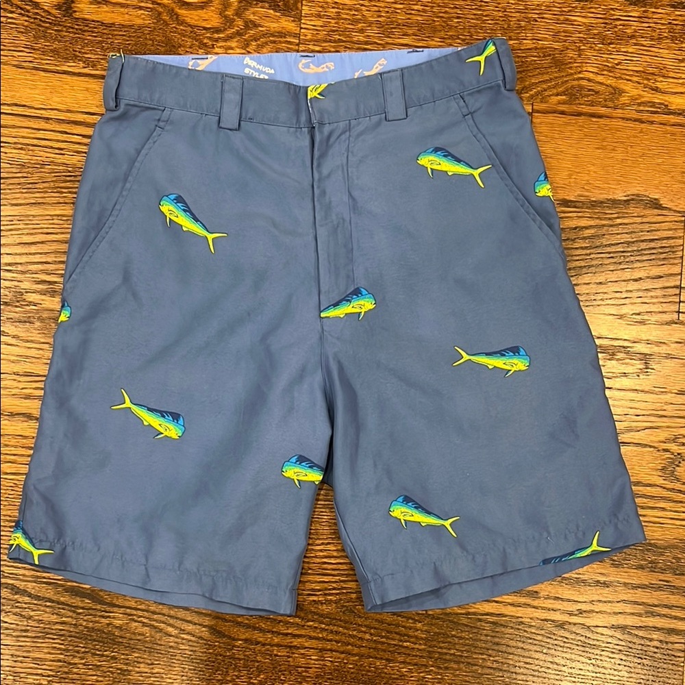 Blue Bermuda Style Shorts with Fish Print
